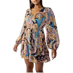 Sanctuary Paisley Print Mini Dress 2X Plus Babydoll LS NWT Colorful Artsy